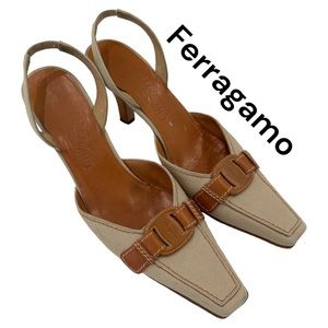 Salvatore Ferragamo Kitten Heel Sling Backs Tan Canvas & Caramel Leather size 10